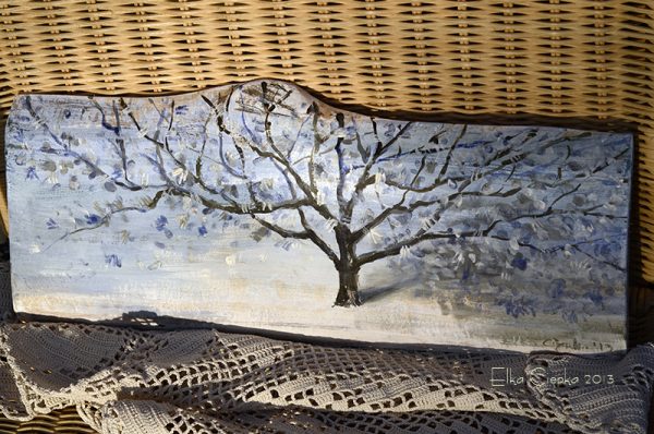 Zimowe drzewko | Obrazek ręcznie malowany na drewnie | Wysmakowany prezent na gwiazdkę lub pod choinkę| Tree painted on wood