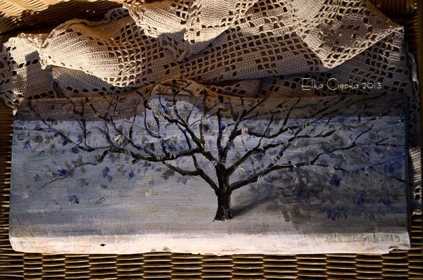 Zimowe drzewko | Obrazek ręcznie malowany na drewnie | Wysmakowany prezent na gwiazdkę lub pod choinkę