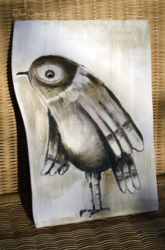 Ptaki Koloraki | Obrazek ręcznie malowany na drewnie | Prezent dla samotnika albo zagorzałego kawalera | autor: Elka Ciępka | Mr Bird| Bird painted on wood