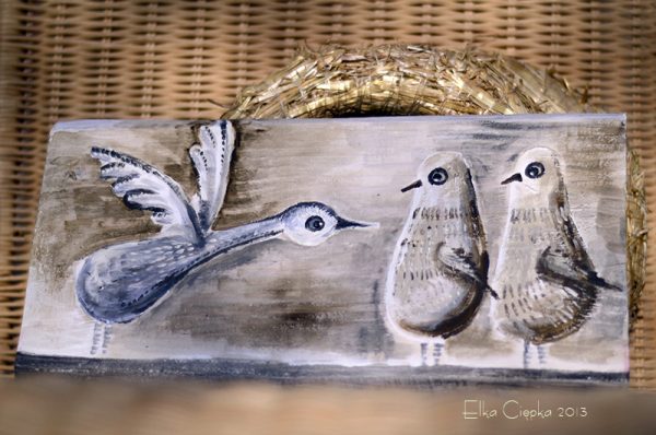 Ptaki Nieloty | Obrazek ręcznie malowany na drewnie | Prezent dla rodziny lub małżeństwa spodziewającego się potomstwa