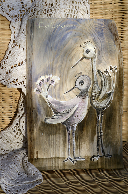Ptasia Para | Stylizowany obrazek ręcznie malowany na drewnie | autor: Elka Ciępka