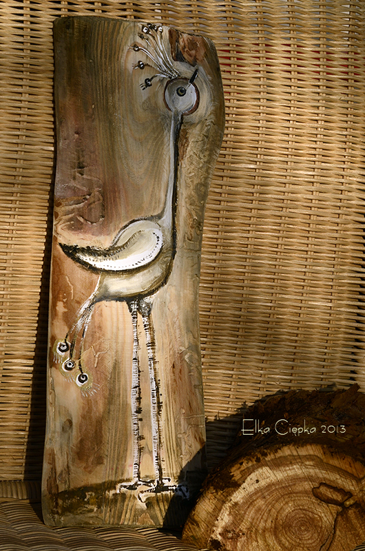 Żuraw - stylizowany obrazek ręcznie malowany na drewnie, autor: Elka Ciępka| Heron painted on wood